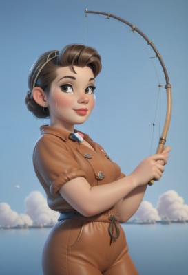 1girl,solo,breasts,looking at viewer,blush,smile,short hair,brown hair,holding,brown eyes,jewelry,short sleeves,hairband,earrings,outdoors,sky,day,cloud,water,hair bun,uniform,blue sky,lips,military,military uniform,ocean,single hair bun,freckles,watercraft,fishing rod,fishing,holding fishing rod,fishing line,black hair,pants,web address,nose,red lips,brown pants