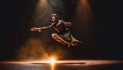 solo,black hair,long sleeves,1boy,male focus,multiple boys,shoes,pants,facial hair,parody,formal,suit,outstretched arm,beard,jumping,mustache,light,dancing,spotlight,short hair,shirt,full body,boots,vest,realistic,dark,brown pants