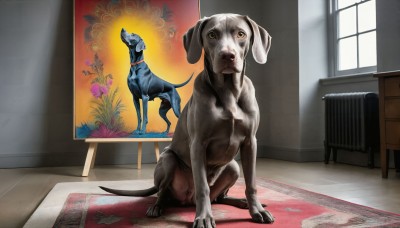 HQ,yellow eyes,flower,indoors,no humans,window,animal,chair,table,dog,realistic,animal focus,painting (object),carpet,fine art parody,rug,solo,looking at viewer,brown eyes,sitting,tail,day,tongue,collar,bed,sunlight,wooden floor,vase