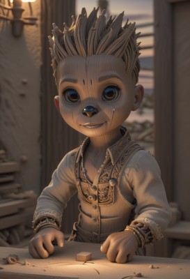 solo,looking at viewer,smile,blonde hair,shirt,long sleeves,1boy,brown eyes,jewelry,upper body,male focus,outdoors,parted lips,teeth,indoors,necklace,blurry,vest,bracelet,depth of field,blurry background,child,furry,furry male,male child,window,mohawk