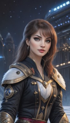 1girl,solo,long hair,looking at viewer,bangs,brown hair,long sleeves,brown eyes,jewelry,closed mouth,upper body,earrings,outdoors,sky,belt,armor,blurry,lips,coat,fur trim,makeup,night,blurry background,lipstick,shoulder armor,building,night sky,snow,snowing,realistic,nose,red lips,jacket,artist name,grey eyes,eyelashes