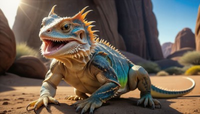 HQ,solo,open mouth,blue eyes,standing,tail,full body,outdoors,teeth,day,tongue,blurry,pokemon (creature),no humans,fangs,sunlight,sharp teeth,claws,monster,rock,realistic,sand,scales,desert,dinosaur,sky,blue sky,sun