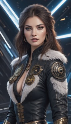 1girl,solo,long hair,breasts,looking at viewer,brown hair,long sleeves,cleavage,brown eyes,jewelry,medium breasts,jacket,upper body,earrings,parted lips,belt,necklace,mole,lips,fur trim,eyelashes,no bra,makeup,forehead,buckle,freckles,hoop earrings,realistic,nose,leather,large breasts,signature,black jacket,science fiction,fur collar,red lips