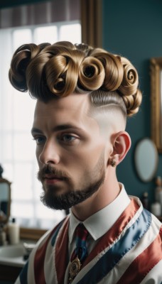 solo,blonde hair,brown hair,shirt,1boy,jewelry,closed mouth,white shirt,upper body,male focus,earrings,necktie,collared shirt,indoors,hair bun,blurry,vest,window,depth of field,blurry background,facial hair,portrait,beard,curly hair,blue necktie,mirror,realistic,nose,mustache,stud earrings,blue eyes,lips