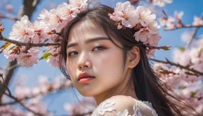 1girl, solo, long hair, looking at viewer, brown hair, hair ornament, flower, outdoors, parted lips, sky, teeth, day, hair flower, blurry, tree, blue sky, lips, blurry background, cherry blossoms, portrait, realistic, nose, branch