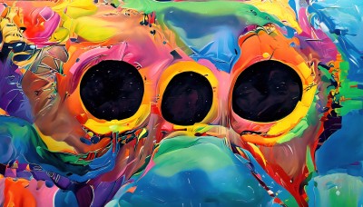 HQ,1girl,solo,long hair,mask,reflection,colorful,gas mask,surreal,abstract,looking at viewer,no humans,space,explosion,planet