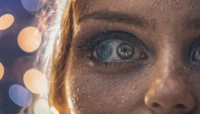 solo, looking at viewer, 1boy, brown eyes, male focus, blurry, eyelashes, portrait, close-up, reflection, realistic, eye focus