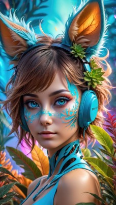 1girl,solo,looking at viewer,short hair,bangs,blue eyes,brown hair,hair ornament,animal ears,bare shoulders,closed mouth,upper body,flower,sleeveless,artist name,signature,hair flower,blurry,from side,lips,animal ear fluff,fox ears,eyelashes,makeup,fake animal ears,swept bangs,headphones,leaf,watermark,facial mark,plant,portrait,eyeshadow,pink lips,nose,eyeliner,whisker markings,facepaint,mascara,breasts,cleavage,jewelry,medium breasts,parted lips,shiny,necklace,rabbit ears,blurry background,blue shirt,messy hair,web address,freckles,clover,animal ear headphones,clover hair ornament,four-leaf clover hair ornament