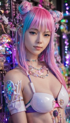 1girl,solo,long hair,breasts,looking at viewer,smile,bangs,blue eyes,hair ornament,cleavage,jewelry,medium breasts,underwear,blue hair,swimsuit,upper body,pink hair,bikini,multicolored hair,earrings,parted lips,necklace,hair bun,bra,blurry,two-tone hair,lips,double bun,blurry background,white bikini,piercing,gem,bikini top only,armlet,realistic,closed mouth,heart,artist name,eyelashes,makeup,watermark,freckles,white bra,science fiction,beads,nose,pearl necklace,cyberpunk