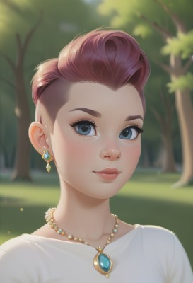 1girl,solo,looking at viewer,smile,short hair,blue eyes,brown hair,shirt,jewelry,closed mouth,collarbone,white shirt,upper body,red hair,earrings,outdoors,day,necklace,blurry,tree,lips,grey eyes,eyelashes,makeup,depth of field,blurry background,gem,portrait,blush,pink hair,artist name,grass,asymmetrical hair,nose,mascara