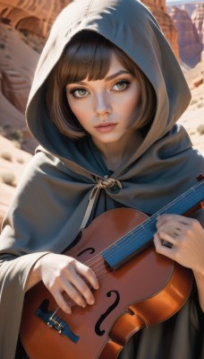 1girl,solo,looking at viewer,short hair,bangs,brown hair,holding,brown eyes,upper body,outdoors,parted lips,day,artist name,hood,wide sleeves,blurry,lips,eyelashes,blurry background,watermark,bob cut,instrument,web address,cloak,hood up,nose,music,playing instrument,hooded cloak,holding instrument,gloves,signature,realistic,violin,bow (music)