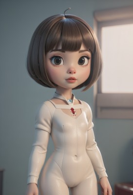 1girl,solo,breasts,looking at viewer,short hair,bangs,brown hair,long sleeves,holding,brown eyes,jewelry,standing,ahoge,cowboy shot,small breasts,parted lips,indoors,blurry,flat chest,lips,book,loli,bodysuit,covered navel,depth of field,blurry background,bob cut,skin tight,red lips,white bodysuit,closed mouth,artist name,blunt bangs,eyelashes,cameltoe,realistic,nose