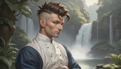 solo,looking at viewer,short hair,brown hair,1boy,brown eyes,closed mouth,upper body,male focus,outdoors,water,vest,tree,buttons,facial hair,leaf,crossed arms,plant,nature,rock,realistic,manly,waterfall,mohawk,day,undercut