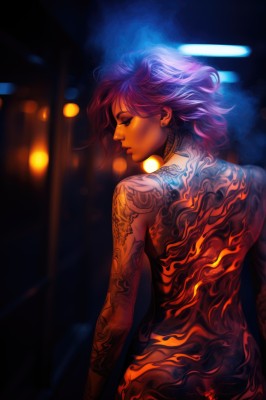 1girl,solo,short hair,jewelry,closed mouth,upper body,purple hair,nude,earrings,looking back,from behind,blurry,tattoo,profile,night,blurry background,back,piercing,arm tattoo,back tattoo,full-body tattoo,closed eyes,signature,lips,glowing,nose,light