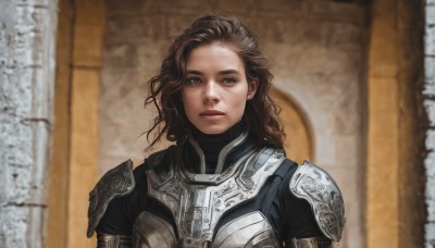 1girl,solo,long hair,looking at viewer,brown hair,brown eyes,jewelry,closed mouth,upper body,earrings,armor,blurry,black eyes,lips,wavy hair,shoulder armor,messy hair,curly hair,pauldrons,breastplate,realistic,chainmail,blurry background,expressionless