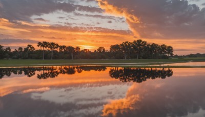 outdoors,sky,cloud,water,tree,no humans,cloudy sky,grass,plant,nature,scenery,forest,reflection,sunset,horizon,evening,gradient sky,orange sky,reflective water,lake