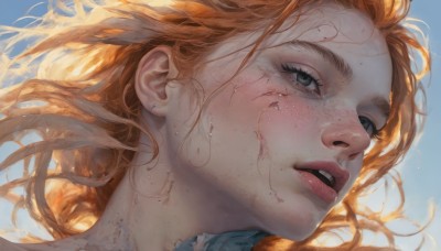 1girl,solo,long hair,open mouth,blue eyes,jewelry,earrings,parted lips,sky,teeth,day,orange hair,mole,blue sky,lips,grey eyes,eyelashes,blood,floating hair,blue background,looking up,portrait,freckles,injury,blood on face,realistic,nose,mole on cheek,looking at viewer,green eyes,wind,close-up,dirty,dirty face