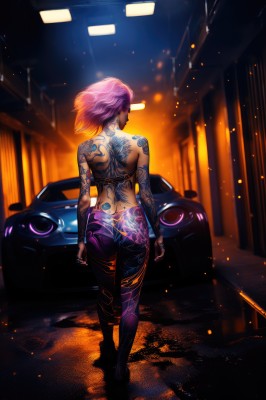 1girl,solo,short hair,jewelry,standing,full body,pink hair,ass,earrings,looking back,pants,from behind,tattoo,back,piercing,ground vehicle,motor vehicle,walking,car,arm tattoo,back tattoo,purple hair,multicolored hair,gradient hair,topless,full-body tattoo