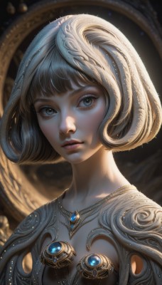 1girl,solo,breasts,looking at viewer,short hair,bangs,blue eyes,blonde hair,jewelry,closed mouth,upper body,small breasts,artist name,blunt bangs,necklace,armor,blurry,lips,grey eyes,eyelashes,makeup,expressionless,bob cut,gem,portrait,realistic,nose,cleavage,medium breasts,parted lips,light particles,gold