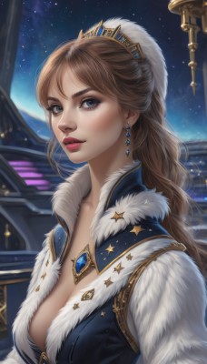 1girl,solo,long hair,breasts,looking at viewer,blue eyes,large breasts,brown hair,hair ornament,cleavage,jewelry,medium breasts,upper body,earrings,parted lips,sky,signature,necklace,star (symbol),vest,lips,fur trim,makeup,night,crown,lipstick,gem,star (sky),night sky,starry sky,realistic,nose,red lips,bangs,dress,eyelashes,tiara