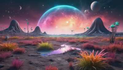 flower,outdoors,sky,cloud,water,tree,no humans,night,moon,grass,plant,star (sky),night sky,scenery,starry sky,reflection,mountain,space,crescent moon,planet,landscape,star (symbol),sunset,rock,fantasy,sun,field