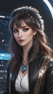 1girl,solo,long hair,breasts,looking at viewer,bangs,brown hair,shirt,cleavage,brown eyes,jewelry,medium breasts,jacket,white shirt,upper body,hairband,earrings,parted lips,open clothes,necklace,blurry,open jacket,lips,black jacket,fur trim,eyelashes,makeup,blurry background,lipstick,gem,pendant,realistic,nose,headdress,red lips,leather,leather jacket,signature,hood,corset,eyeshadow,zipper,eyeliner