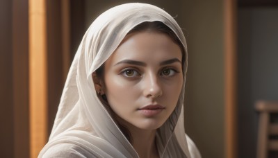 1girl,solo,looking at viewer,brown hair,brown eyes,jewelry,closed mouth,earrings,indoors,hood,blurry,lips,depth of field,blurry background,portrait,hood up,freckles,realistic,nose,parted lips,parody,expressionless,close-up,forehead