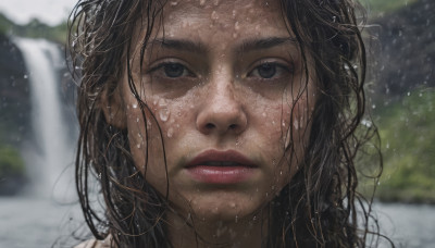 1girl, solo, long hair, looking at viewer, black hair, outdoors, parted lips, water, blurry, black eyes, lips, wet, depth of field, blurry background, messy hair, portrait, close-up, water drop, realistic, nose, wet hair