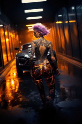 1girl,solo,looking at viewer,short hair,jewelry,underwear,standing,panties,pink hair,purple hair,ass,earrings,barefoot,looking back,pants,dark skin,from behind,blurry,dark-skinned female,tattoo,makeup,night,back,topless,ground vehicle,motor vehicle,reflection,walking,thong,car,road,arm tattoo,back tattoo,full-body tattoo,lips,hand on hip,depth of field,lipstick,wind,nose,very short hair,undercut,hair slicked back