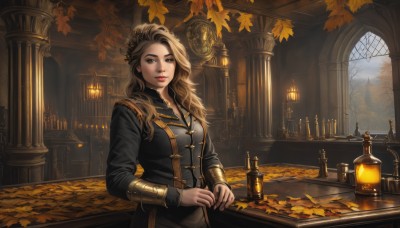 1girl,solo,long hair,breasts,looking at viewer,smile,blonde hair,brown hair,hair ornament,long sleeves,brown eyes,jewelry,medium breasts,closed mouth,standing,parted lips,indoors,tree,lips,window,leaf,table,scenery,gold trim,lantern,clock,candle,bracer,autumn leaves,architecture,pillar,statue,laurel crown,upper body,bottle,realistic,gold