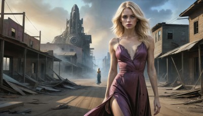 HQ,1girl,long hair,breasts,looking at viewer,blue eyes,blonde hair,1boy,dress,cleavage,bare shoulders,medium breasts,standing,collarbone,outdoors,sky,solo focus,cloud,lips,makeup,cloudy sky,lipstick,building,pink dress,purple dress,side slit,realistic,arms at sides,ruins,multiple girls,2girls,jewelry,earrings,small breasts,day,necklace,window,sunlight,scenery,city,street