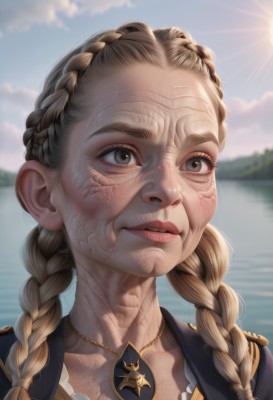 1girl,solo,long hair,blonde hair,dress,brown eyes,jewelry,upper body,braid,outdoors,parted lips,sky,teeth,day,cloud,water,necklace,blurry,twin braids,blue sky,lips,grey eyes,blurry background,ocean,sunlight,portrait,realistic,nose,sun,crown braid,looking at viewer,smile,brown hair,artist name,scar,hair over shoulder