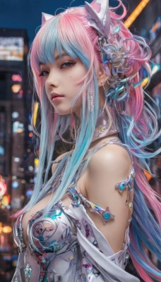 1girl,solo,long hair,breasts,looking at viewer,bangs,blue eyes,hair ornament,animal ears,cleavage,bare shoulders,jewelry,medium breasts,closed mouth,blue hair,upper body,pink hair,multicolored hair,earrings,mole,blurry,two-tone hair,lips,mole under eye,gradient hair,makeup,night,blurry background,fake animal ears,realistic,sidelocks,small breasts,outdoors,artist name,armor,from side,streaked hair,eyelashes,depth of field,watermark,facial mark,expressionless,piercing,gem,web address,armlet,eyeshadow,science fiction,pink lips,nose,eyeliner,bokeh,mascara