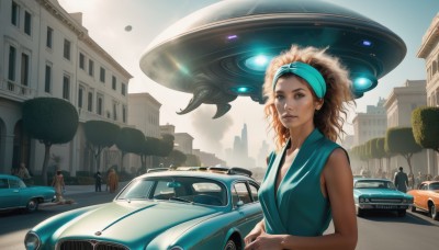 1girl,long hair,brown hair,brown eyes,hairband,outdoors,multiple boys,sky,sleeveless,solo focus,day,dark skin,dark-skinned female,tree,lips,headband,watermark,ground vehicle,building,motor vehicle,science fiction,curly hair,city,realistic,aircraft,nose,car,vehicle focus,afro,sports car,dress,formal,spacecraft