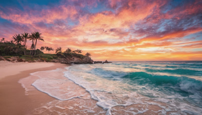 outdoors, sky, cloud, water, tree, no humans, ocean, beach, cloudy sky, nature, scenery, sunset, sand, palm tree, horizon, waves, shore