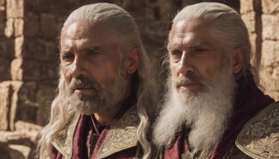 long hair,closed mouth,upper body,white hair,male focus,multiple boys,2boys,armor,blurry,looking at another,grey eyes,depth of field,blurry background,facial hair,scar,shoulder armor,portrait,beard,scar on face,realistic,mustache,manly,old,old man,wrinkled skin,solo,1boy,lips,scar across eye