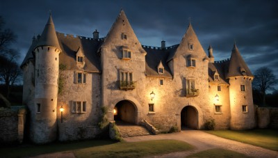 HQ,outdoors,sky,cloud,tree,no humans,window,night,cloudy sky,grass,building,night sky,scenery,lantern,road,house,lamppost,bare tree,tower,path,church,plant,stairs,fantasy,door,light,castle,arch