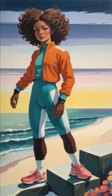 1girl,solo,looking at viewer,blush,smile,brown hair,long sleeves,brown eyes,standing,jacket,full body,flower,outdoors,open clothes,sky,shoes,socks,dark skin,water,open jacket,dark-skinned female,lips,bodysuit,shadow,ocean,beach,white socks,red footwear,sneakers,star (sky),starry sky,curly hair,sand,horizon,big hair,very dark skin,orange jacket,orange flower,afro,aqua shirt,breasts,shirt,gloves,closed mouth,pants,makeup,turtleneck,blue shirt,lipstick,multicolored clothes,brown gloves,eyeshadow,single glove,cropped jacket,nose,pink footwear,tight,leggings,orange shirt,multicolored jacket,high-waist pants