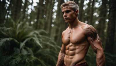 solo,short hair,1boy,navel,closed mouth,nipples,upper body,white hair,male focus,blurry,tattoo,muscular,blurry background,facial hair,scar,abs,pectorals,muscular male,nature,forest,topless male,realistic,arm tattoo,manly,blonde hair,underwear,outdoors,day,artist name,bara,large pectorals,male underwear,undercut,navel hair