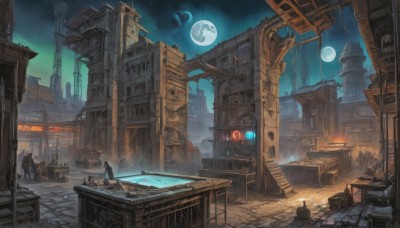 1girl,outdoors,sky,water,no humans,night,bird,moon,fire,building,star (sky),night sky,scenery,full moon,starry sky,stairs,city,fantasy,cityscape,watercraft,ruins,crescent moon,crate,standing,weapon,multiple boys,cloud,helmet,science fiction,multiple others,planet