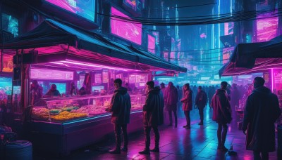 short hair,multiple girls,hat,standing,jacket,boots,outdoors,food,multiple boys,pants,hood,from behind,coat,night,building,scenery,reflection,science fiction,rain,6+boys,city,road,street,crowd,shop,city lights,cyberpunk,neon lights,people,6+others,bag,fruit,backpack,blue theme,sign,dark,wide shot,multiple others