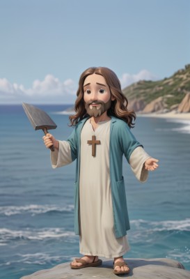 solo,long hair,looking at viewer,smile,open mouth,blue eyes,brown hair,long sleeves,1boy,dress,holding,brown eyes,standing,full body,male focus,outdoors,sky,day,cloud,wide sleeves,water,necklace,white dress,blurry,blue sky,blurry background,facial hair,ocean,beach,sandals,cross,knife,child,beard,robe,female child,holding knife,male child,1girl,collarbone,flat chest,toes,sand