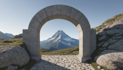 outdoors,sky,day,blue sky,no humans,grass,scenery,rock,mountain,road,pillar,landscape,mountainous horizon,path,column,ruins,arch,stone