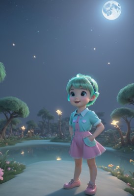 1girl,solo,blush,smile,short hair,open mouth,bangs,skirt,shirt,brown eyes,standing,jacket,full body,flower,short sleeves,:d,hairband,outdoors,green hair,sky,shoes,teeth,socks,collared shirt,signature,water,star (symbol),tree,aqua hair,night,upper teeth only,moon,grass,blue shirt,blue jacket,sneakers,child,star (sky),night sky,full moon,pink skirt,starry sky,pocket,hands in pockets,pink footwear,female child,breast pocket,lamppost,glowing,bug,butterfly,reflection