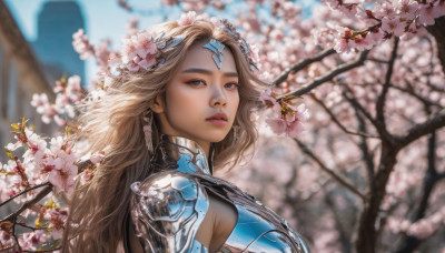 1girl, solo, long hair, looking at viewer, blue eyes, blonde hair, hair ornament, jewelry, upper body, flower, earrings, outdoors, day, looking back, hair flower, blurry, tree, lips, blurry background, cherry blossoms, realistic, nose, branch