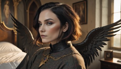 1girl,solo,looking at viewer,short hair,blue eyes,black hair,jewelry,closed mouth,upper body,earrings,wings,artist name,indoors,necklace,blurry,lips,pillow,grey eyes,window,makeup,blurry background,halo,feathered wings,forehead,pendant,black wings,angel wings,realistic,nose,angel,picture frame,painting (object),picture (object),brown hair,signature,black dress,eyelashes,bed,expressionless,sunlight,portrait,stud earrings