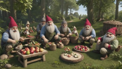 long sleeves,hat,holding,sitting,white hair,male focus,outdoors,food,multiple boys,sky,day,tree,fruit,facial hair,bird,table,squatting,grass,blue shirt,nature,red headwear,beard,forest,6+boys,mustache,apple,basket,mushroom,old,old man,tree stump,smile,open mouth,shirt,pointy ears,pants,animal,scenery,fantasy,grapes,log,cart