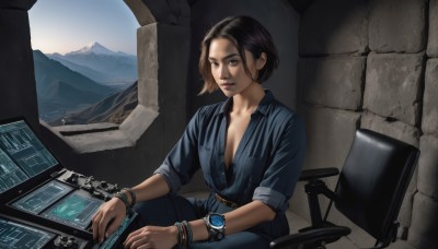 1girl,solo,breasts,looking at viewer,short hair,brown hair,shirt,black hair,cleavage,brown eyes,jewelry,medium breasts,sitting,closed mouth,collarbone,small breasts,belt,pants,indoors,bracelet,lips,no bra,chair,blue shirt,sleeves rolled up,watch,mountain,realistic,nose,wristwatch,monitor,keyboard (computer),office chair,day,computer