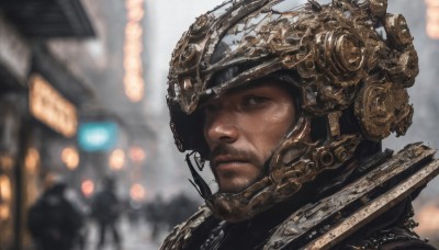 solo,looking at viewer,1boy,closed mouth,male focus,outdoors,armor,blurry,depth of field,blurry background,facial hair,helmet,building,portrait,beard,science fiction,realistic,mustache,black hair,dark skin,black eyes,close-up