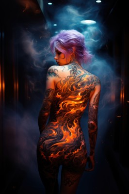 1girl,solo,short hair,standing,closed eyes,purple hair,ass,nude,looking back,from behind,tattoo,makeup,back,smoke,cigarette,smoking,arm tattoo,back tattoo,full-body tattoo,jewelry,white hair,cowboy shot,earrings,completely nude,glowing,watermark,nose,light